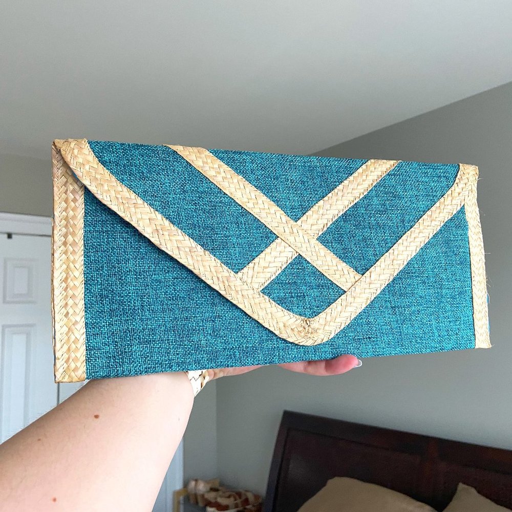 Turquoise & Straw Clutch Handmade in the Caribbean